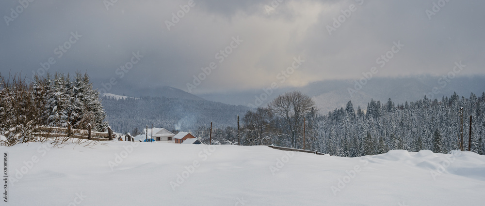 Snowfall over countryside hills, groves and farmlands in winter remote alpine mountain village