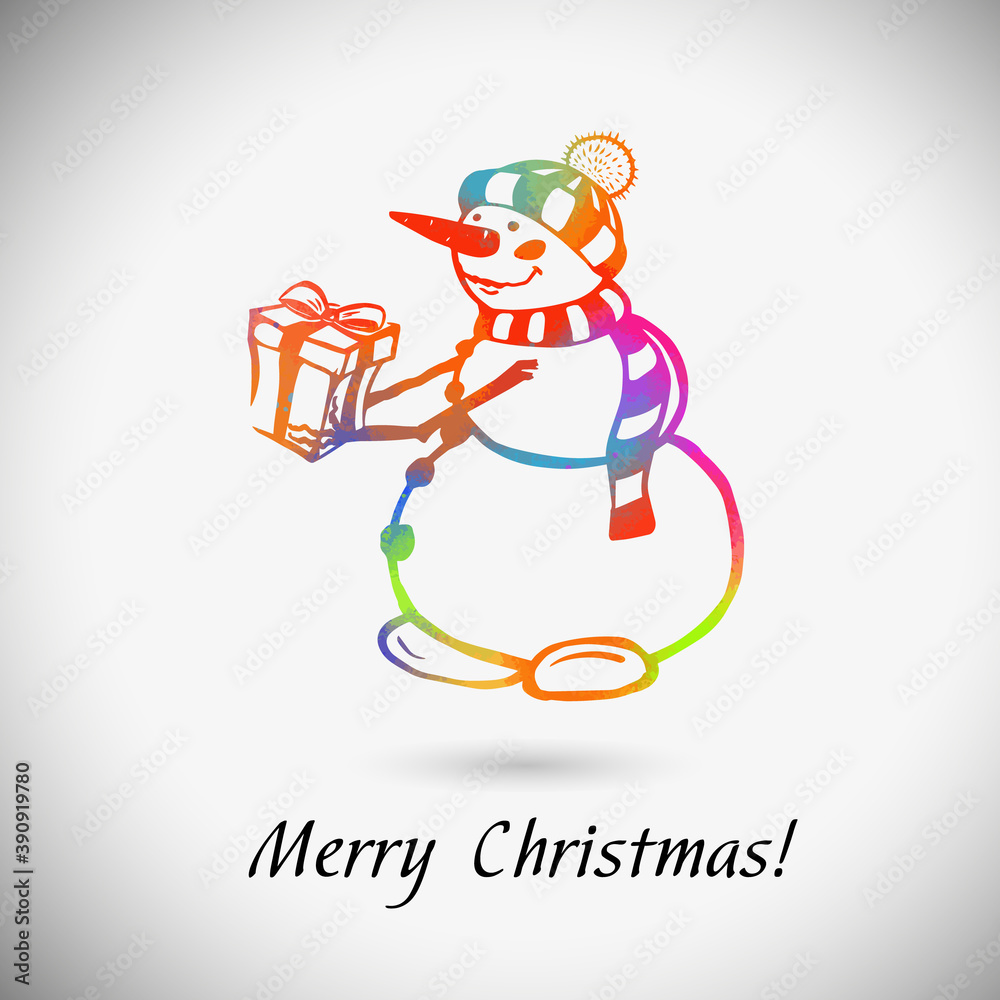 snowman multicolored. Merry Christmas and Happy New Year, Mixed media. Vector Illustration