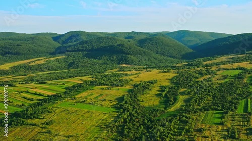 aerial view on amazing rural landscape meadow and field in valley on the background mountains with green forest
