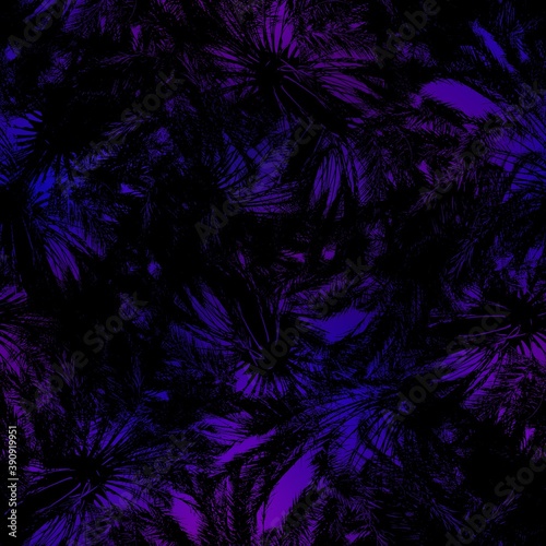 Seamless Miami night tropical pattern black foliage on sunset blur. High quality illustration. Swim  sports  or resort wear repeat print. Dark foreground on blurred background. Dark vibrant colors.