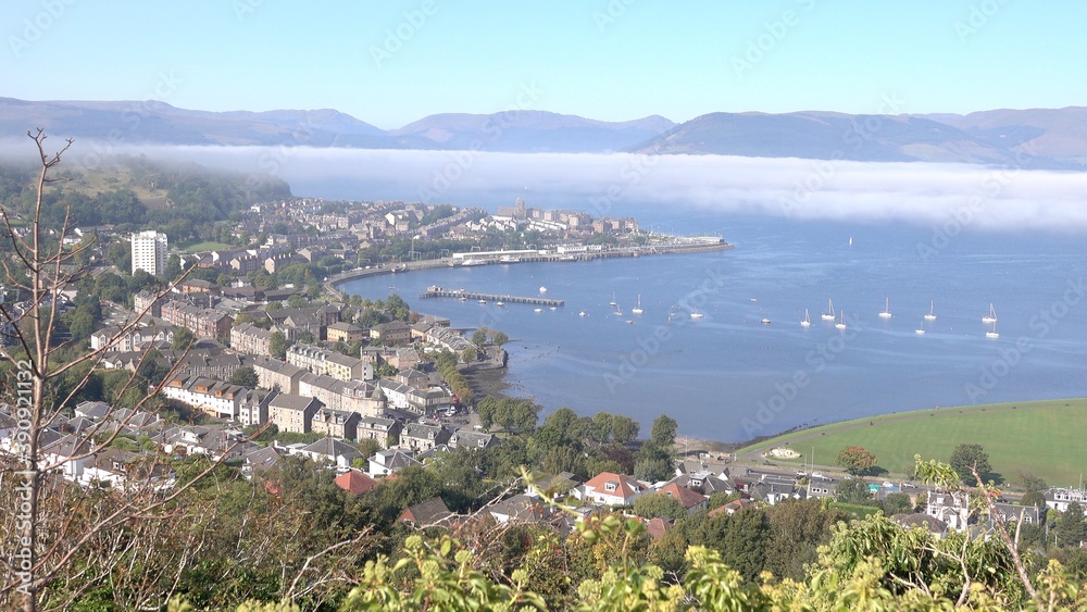 Sweeping panoramic view over Gourock and the Firth of Clyde from Lyle Hill. Some mist in patches close to the water.