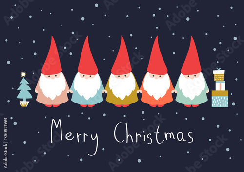 Season Greetings. Christmas card with cute little Gnomes. Vector design