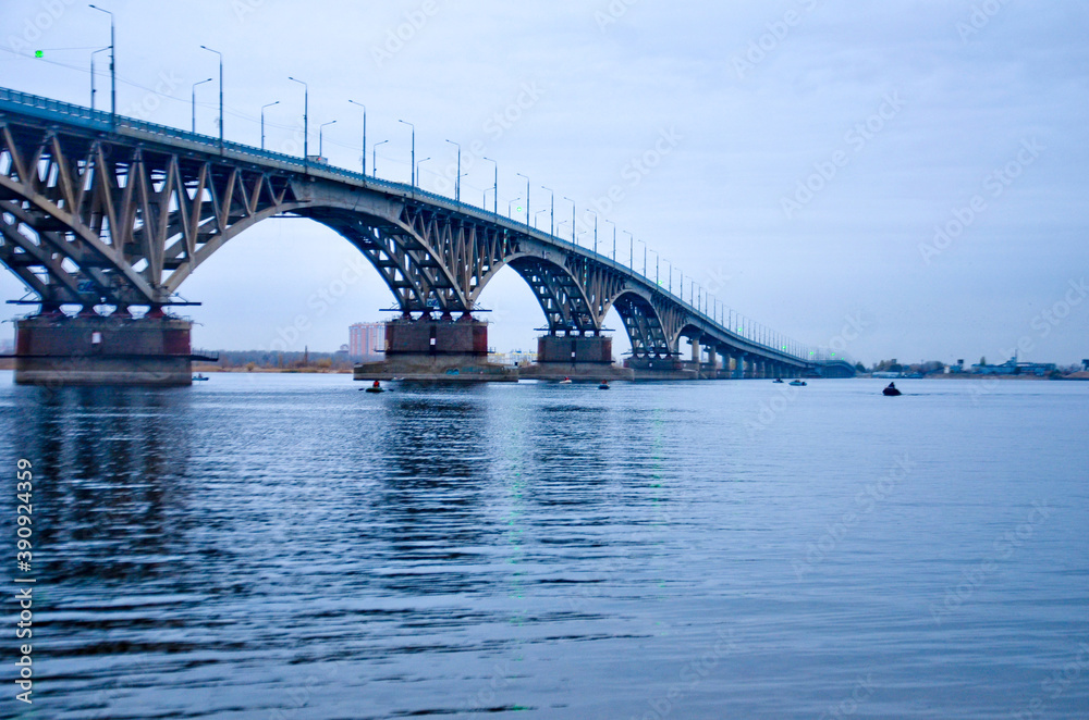 Russian Saratov October 30, 2020: bridge over the Volga in autumn