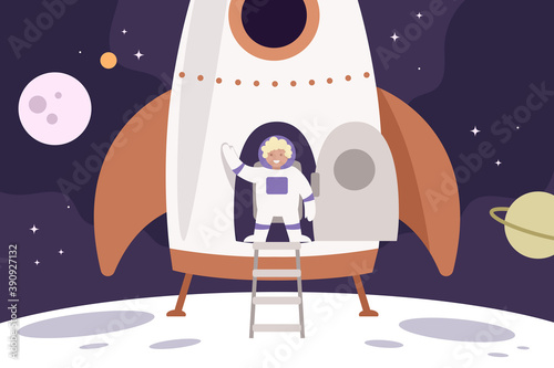 Space travel, planets, stars. Astronaut in a spaceship. Cartoon style. Rocket. Galaxy, universe. Template for presentation, web page, banner, landing page. Flying rocket.  Vector illustration