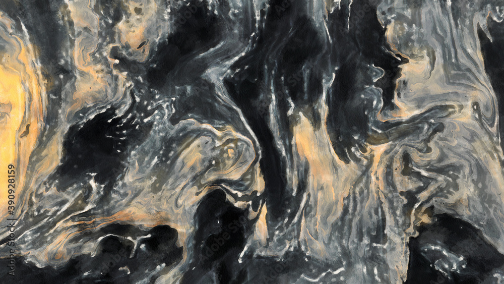 Layers of black and yellow watercolor paint. Fragment of a work of art. Abstract background