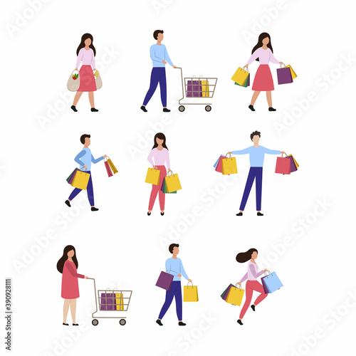 A set of people who hold shopping bags. Seasonal sale in a store, shopping center, supermarket. Men and women with packages are isolated on a white background. Flat vector cartoon illustration.