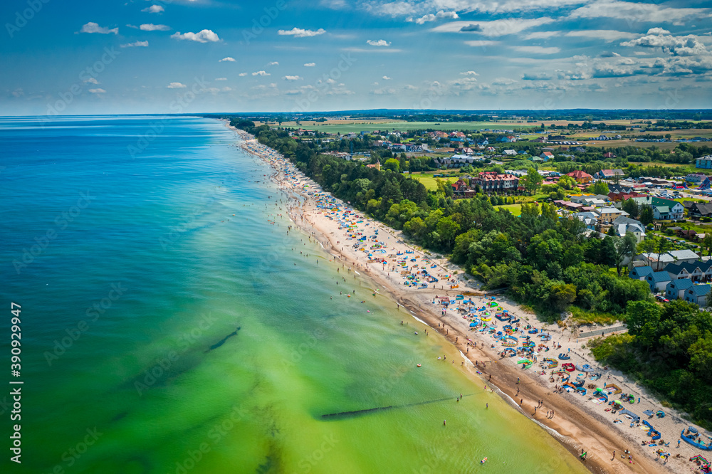Fototapeta premium Beach with people on Baltic Sea, aerial view
