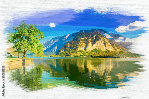 Mountain lake in Alps, Hallstatt in Austria, watercolor painting