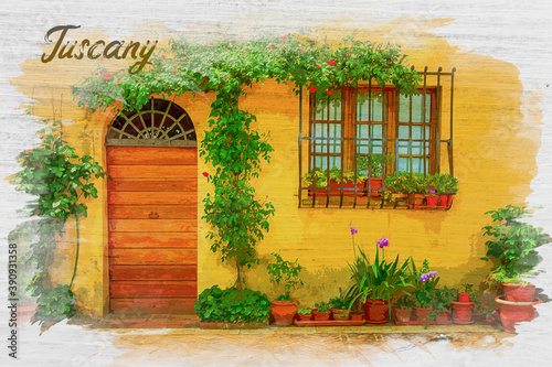 Beautiful porch decorated with flowers, watercolor painting © shaiith