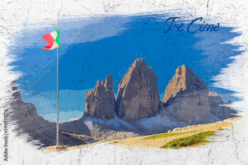 Italian flag and Tre Cime d...