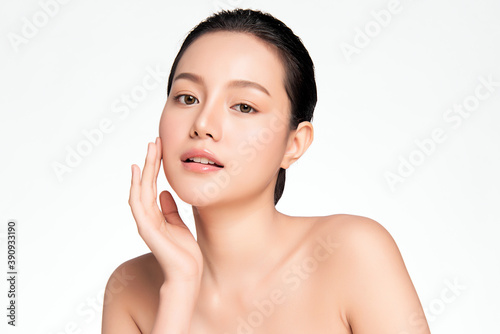 Beautiful young asian woman with clean fresh skin on white background, Face care, Facial treatment, Cosmetology, beauty and spa, Asian women portrait