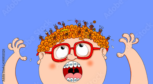 Foto Childish illustration of a boy with a lot of lice in his hair