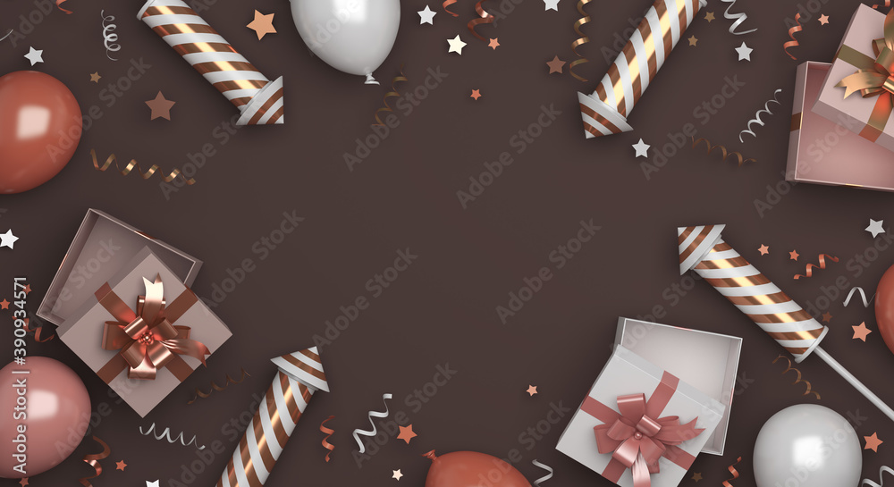 Happy new year 2021 decoration background concept with gift box, firework rocket, balloon, ribbon, 3D rendering illustration