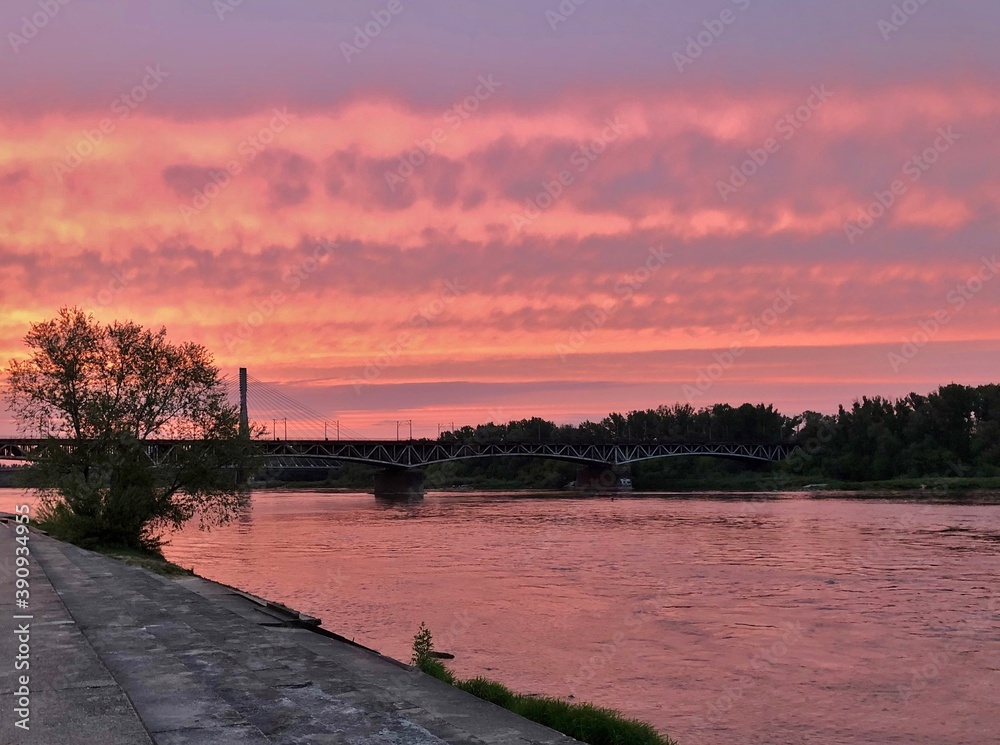Sunset over the Warsaw and the Vistula river