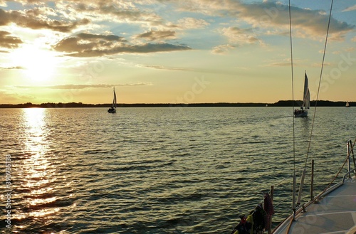 Sunset on the Masurian lake form the yacht deck