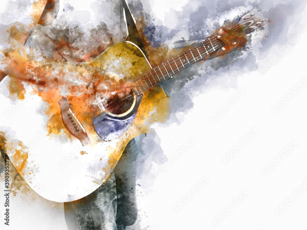 Abstract colorful man playing acoustic guitar in the foreground on  Watercolor painting background and Digital illustration brush to art.  Illustration Stock | Adobe Stock