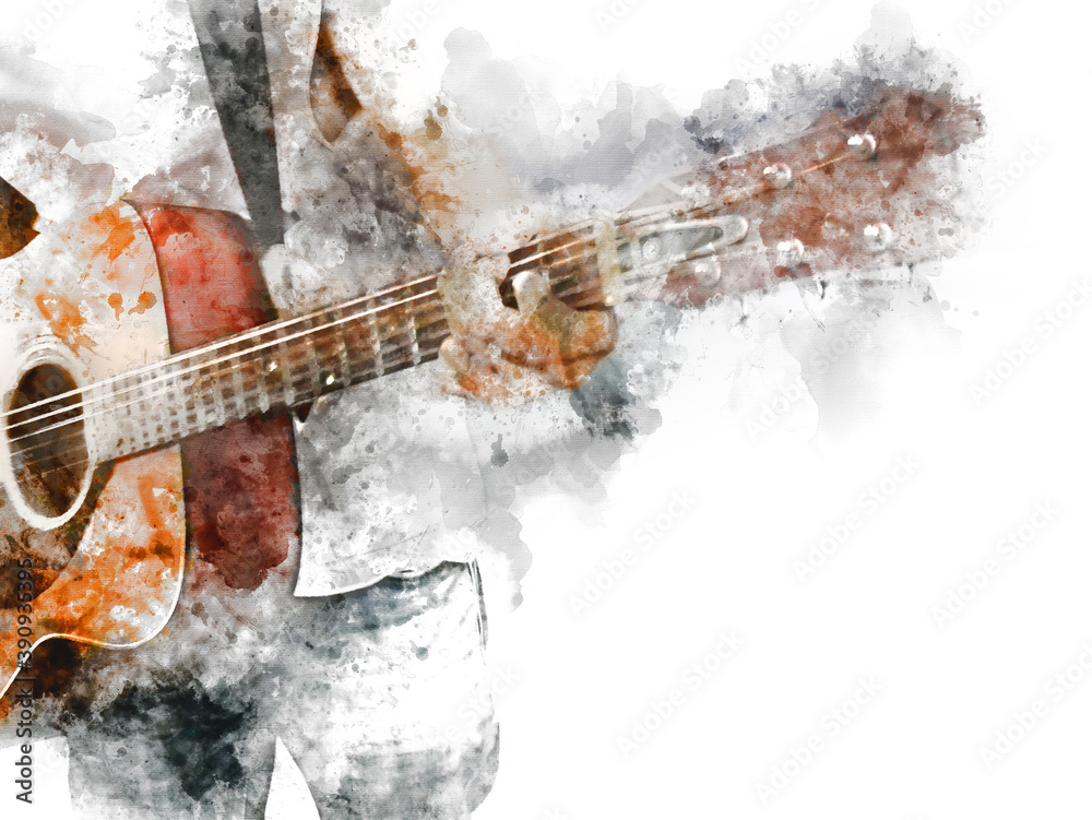 Abstract colorful man playing acoustic guitar in the foreground on Watercolor painting background and Digital illustration brush to art.