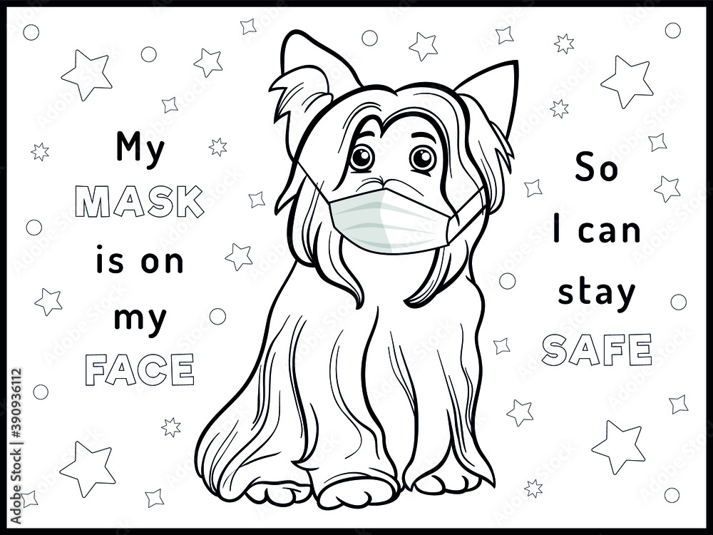 Cute animals wearing face masks. Coloring page Black and White vector
