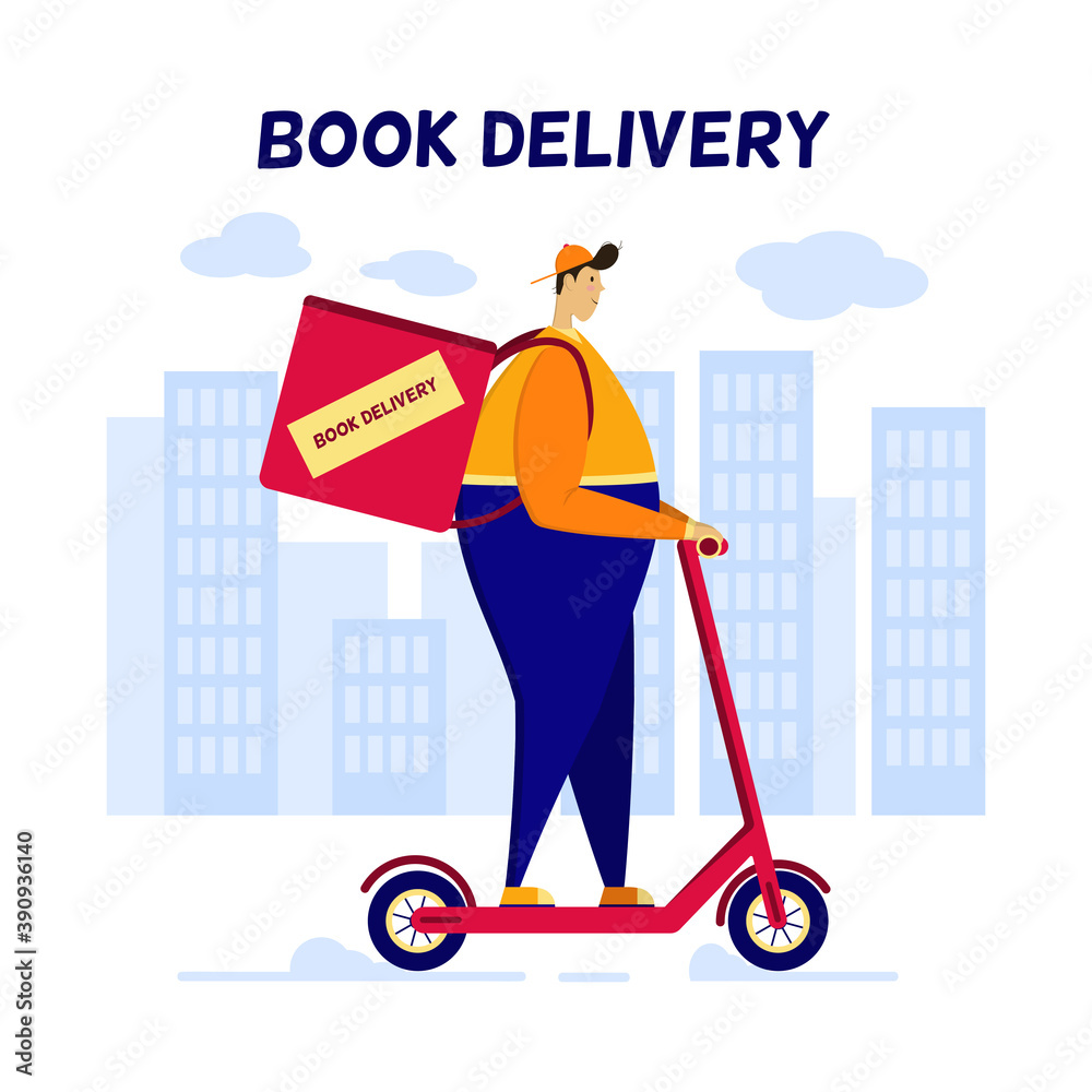 A fat courier on an electric scooter with a large body and a small head delivering books from an online store against the backdrop of the city. Delivery sign concept for online bookstore. A fat courier on an electric scooter with a large body and a small head delivering books from an online store against the backdrop of the city. Delivery sign concept for online bookstore.