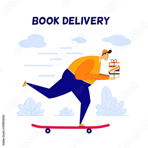 Fat guy courier delivers books from an online bookstore on a red longboard. Flat style illustration with a disproportionate character with a small head and large body. Illustration for the site