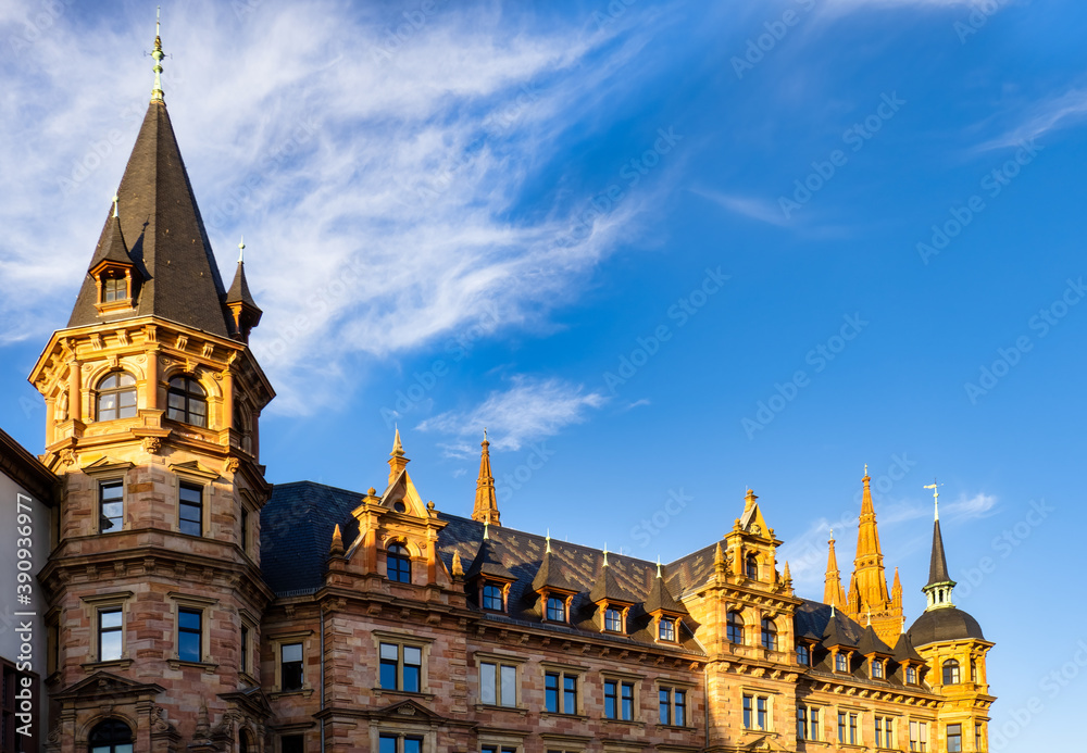 Close up of the town hall (Rathaus) in Wiesbaden in a wonderful warm light against blue sky, Germany