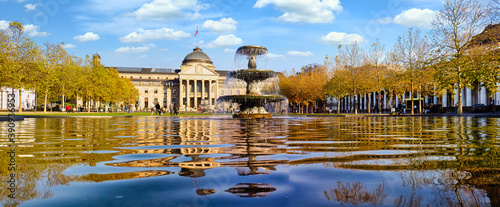 Kurhaus Wiesbaden (Health Spa) and park in autumn with fountain and panoramic view