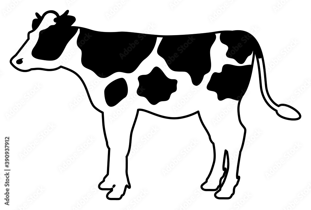 白黒模様のある牛の全身イラスト【横向き】