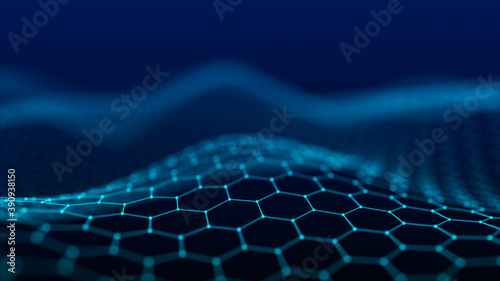 Futuristic blue hexagon background. 3D rendering. Big data visualization.	 photo