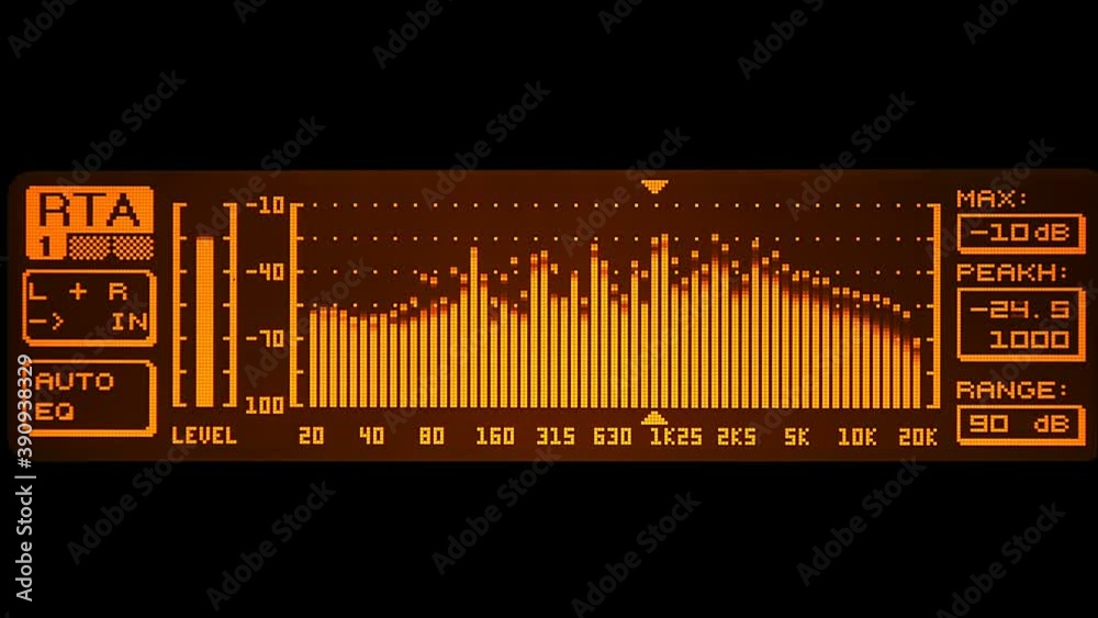 The professional concert equalizer has a yellow spectrum analyzer on the display that analyzes the frequency range of music or any sound and can change it. Closeup