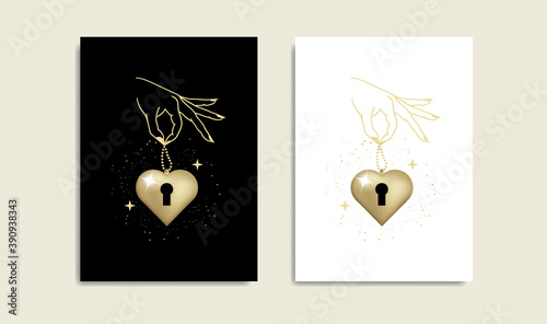 Hands holding Heart key hole, golden color logo, Magic heart, boho spiritual guidance tarot reader design. decorative illustration tattoo