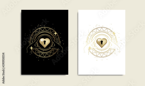 Hands holding Heart key hole, golden color logo, Magic heart, boho spiritual guidance tarot reader design. decorative illustration tattoo