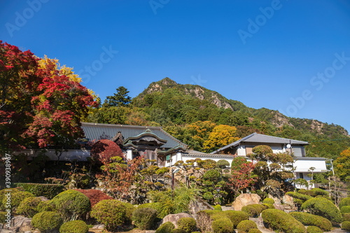 Papier peint Autumn leaves and mountain at japanese temple Okuboji , Sanuki city, Kagawa, Shi