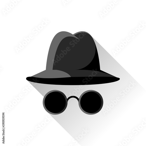 spy, secret agent, incognito flat design icon vector illustration eps10. hat and glasses with long shadow on white background. sign, symbol, logo
