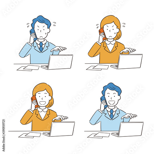 忙しく笑顔で対応のオフィスワーク男性女性の手描き風イラストセット