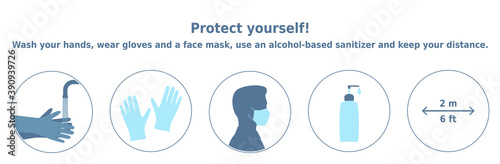 Vector illustration 'Protect yourself! Wash your hands, wear gloves and a face mask, use an alcohol-based sanitizer and keep your distance'. 5 icons set for health posters and banners.