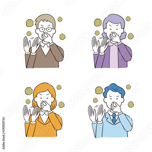 臭いにおいに鼻をつまむ手描き風男性女性のイラストセット