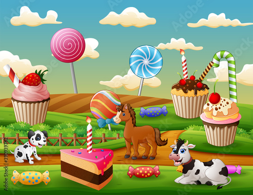 Farm animals in the sweet garden illustration