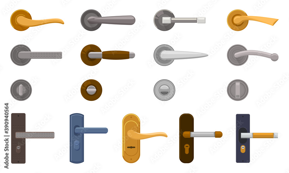 Door handle. Metal entrance door-knob, home lock knobs, modern house interior elements. Entrance door knobs isolated vector illustration set. Office or home room interior object of different shape Door handle. Metal entrance door-knob, home lock knobs, modern house interior elements. Entrance door knobs isolated vector illustration set. Office or home room interior object of different shape
