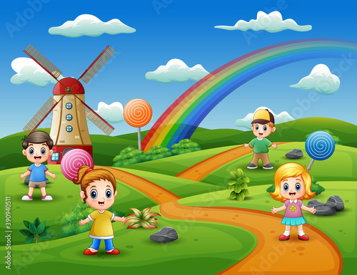 Cartoon kids in a candy land background