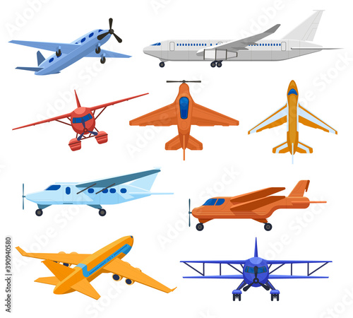 Aircraft jets. Flight vehicles, passenger jet airplane, private aircraft and cargo service plane. Commercial aviation aircrafts vector illustrations. Flying transport service, traveling