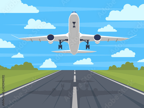 Airplane runway. Landing or taking off plane, passenger airplane in blue sky. Airport runway travel or vacation vector illustration. Aircraft departure flight, journey or trip concept