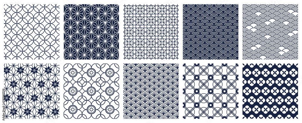 Japanese geometric patterns. Seamless oriental decorative backdrops, geometric ornamental pattern. Traditional asian motifs vector background set. Abstract blue floral design for fabric