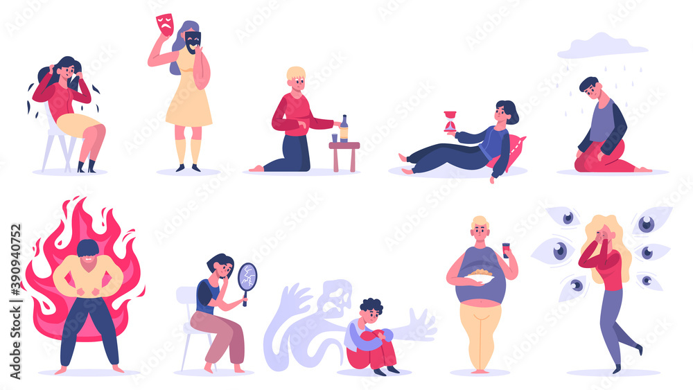 Mental disorders. Psychiatric illness, depression, bipolar disorder and phobias. Men and women psychological problems isolated vector illustration. People having emotional trauma, stress, fear