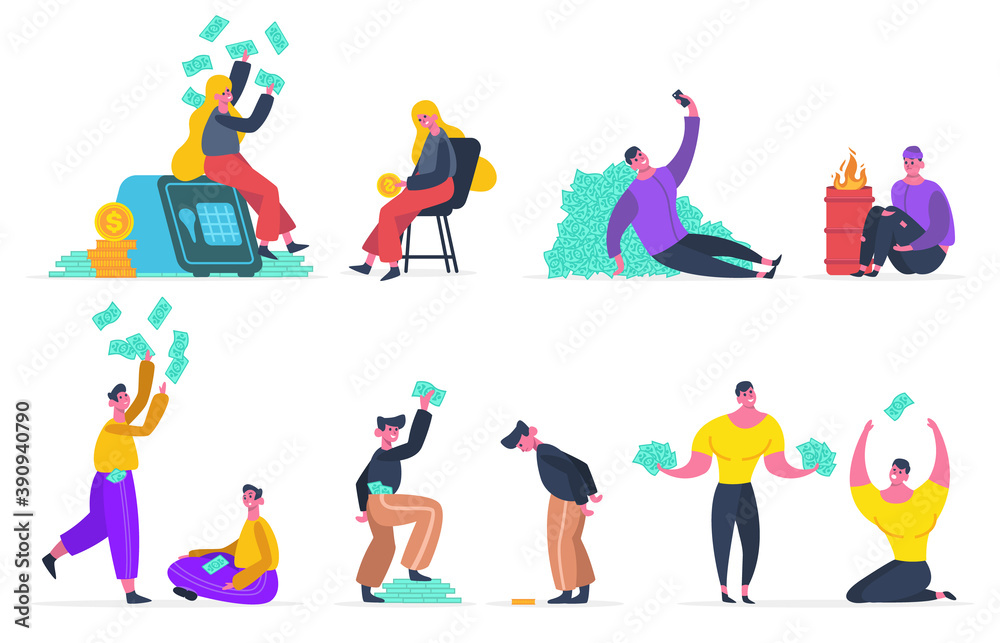Richness and poverty. Men and women poor and rich characters, economic classes gap. Social inequality isolated vector illustration set. People with banknotes and coins, spending or wasting money Richness and poverty. Men and women poor and rich characters, economic classes gap. Social inequality isolated vector illustration set. People with banknotes and coins, spending or wasting money