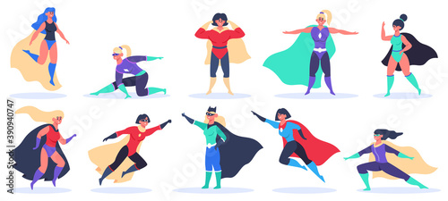 Female superheroes. Superwoman powerful characters, flying super girls in superwoman cloak costume, wonder women mascots vector illustration set. Posing characters in mantle or cape