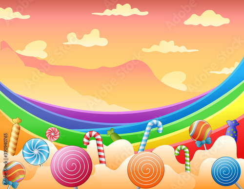Sweet candies and rainbow on the sky