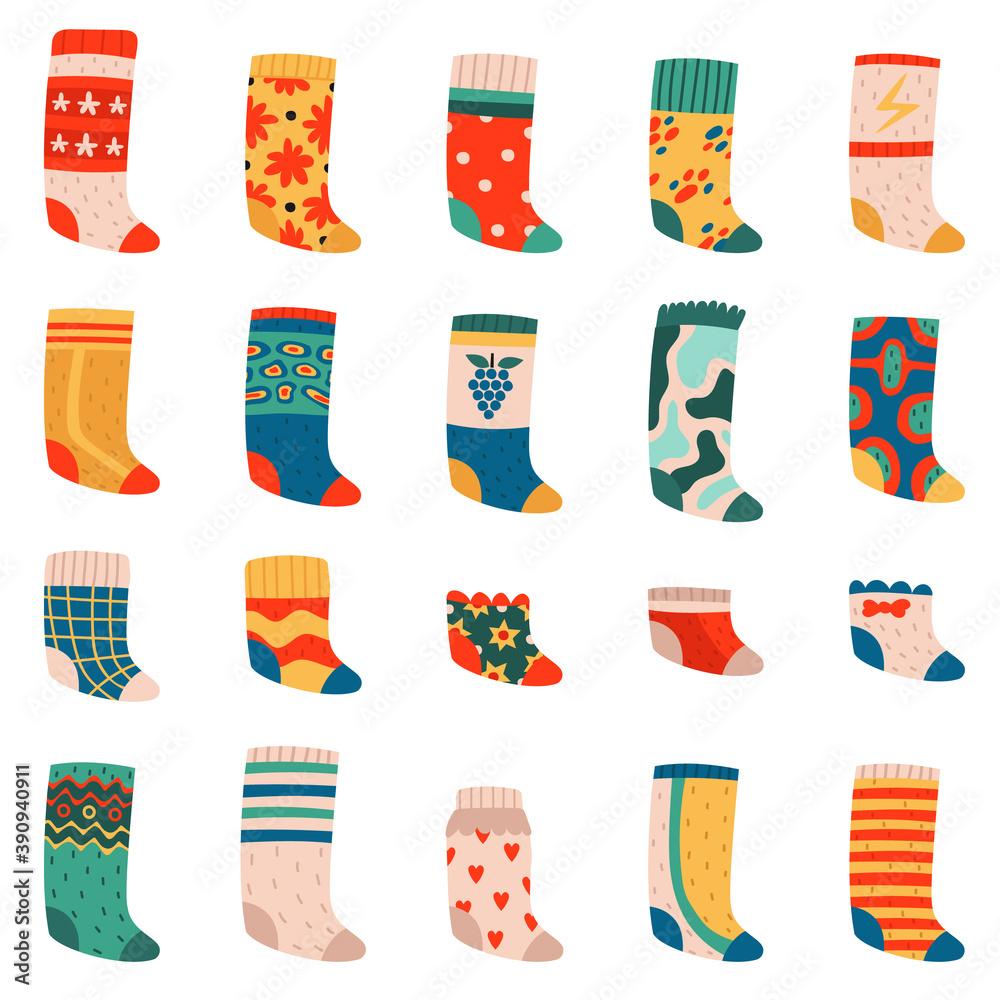 Cute socks. Colorful funny cotton socks, warm textile trendy clothes, doodle elastic striped and dotted socks vector illustration symbols set with bright design as heart, flowers, bow Cute socks. Colorful funny cotton socks, warm textile trendy clothes, doodle elastic striped and dotted socks vector illustration symbols set with bright design as heart, flowers, bow