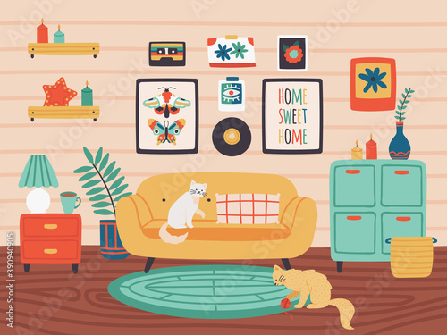 Comfy living room. Cozy stylish interior in hygge style, home decorations, living room with sofa, shelf and pictures on wall vector illustration. Comfortable room with cat pets, candles and plants