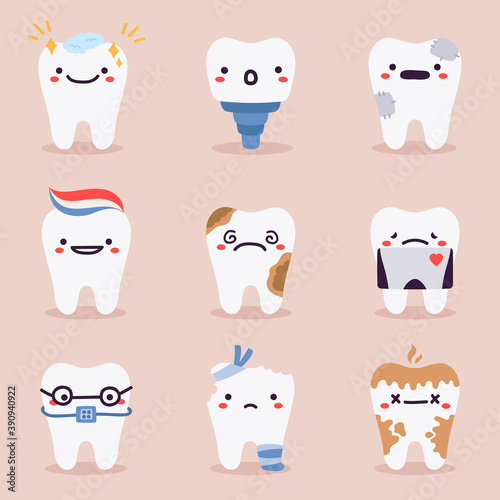 Cute teeth mascots. Dental teeth characters with dentistry problems, treatments, tooth healthcare and hygiene vector illustration symbols set. Tooth with braces, caries and X-ray picture