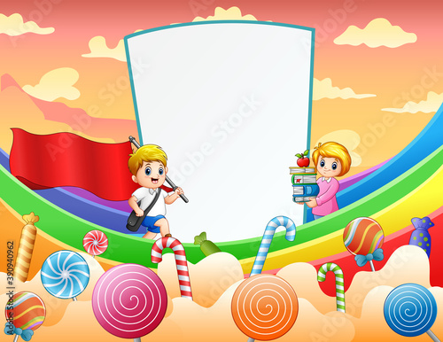 Sweet card with boy and teacher on rainbow